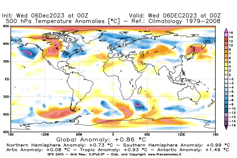 Mappa di analisi GFS - Anomalia Temperatura a 500 hPa in World
							del 6 dicembre 2023 z00
