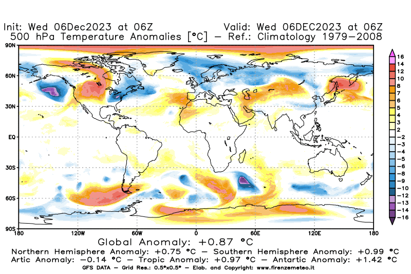 Mappa di analisi GFS - Anomalia Temperatura a 500 hPa in World
							del 6 dicembre 2023 z06