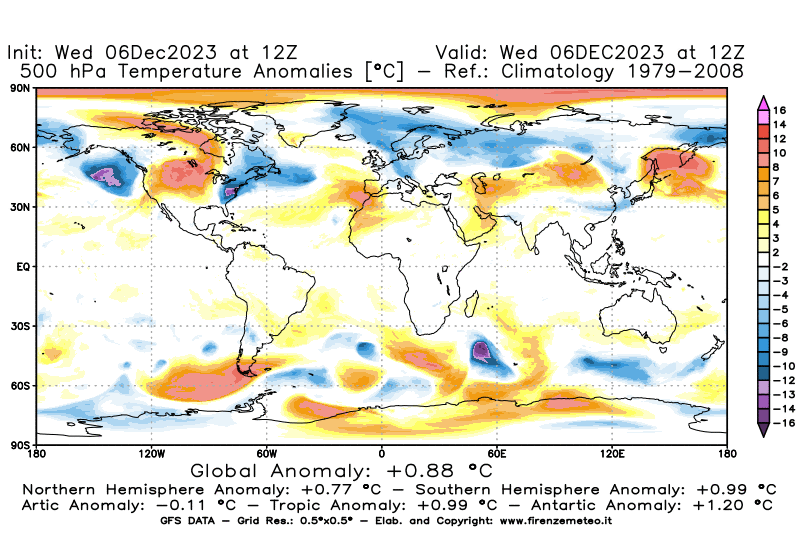 Mappa di analisi GFS - Anomalia Temperatura a 500 hPa in World
							del 6 dicembre 2023 z12