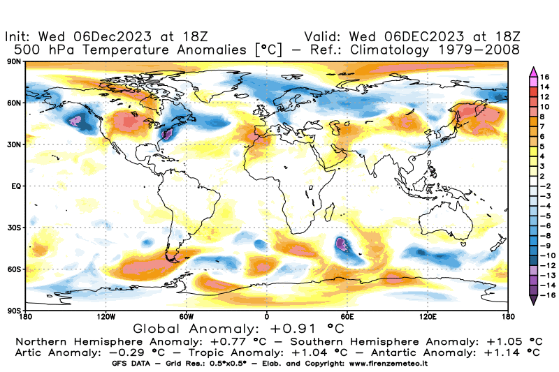 Mappa di analisi GFS - Anomalia Temperatura a 500 hPa in World
							del 6 dicembre 2023 z18