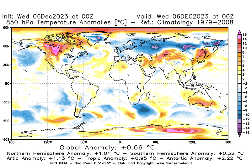 Mappa di analisi GFS - Anomalia Temperatura a 850 hPa in World
							del 6 dicembre 2023 z00
