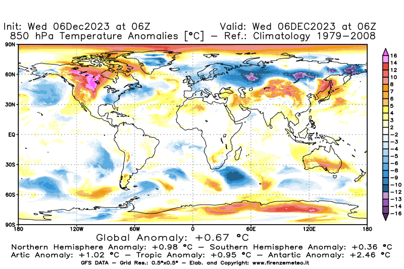 Mappa di analisi GFS - Anomalia Temperatura a 850 hPa in World
							del 6 dicembre 2023 z06