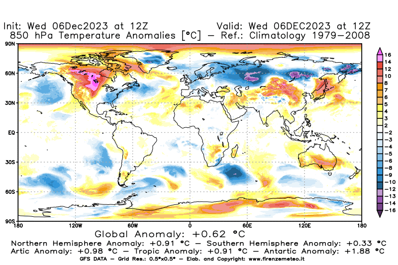Mappa di analisi GFS - Anomalia Temperatura a 850 hPa in World
							del 6 dicembre 2023 z12