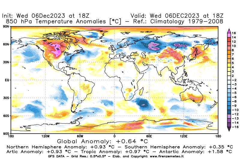 Mappa di analisi GFS - Anomalia Temperatura a 850 hPa in World
							del 6 dicembre 2023 z18