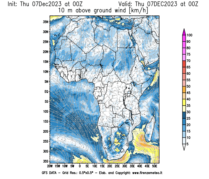 Mappa di analisi GFS - Velocità del vento a 10 metri dal suolo in Africa
							del 7 dicembre 2023 z00