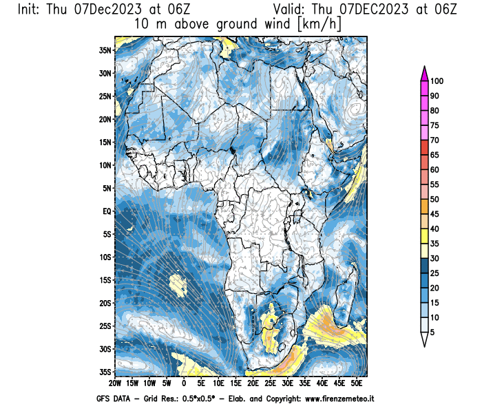 Mappa di analisi GFS - Velocità del vento a 10 metri dal suolo in Africa
							del 7 dicembre 2023 z06