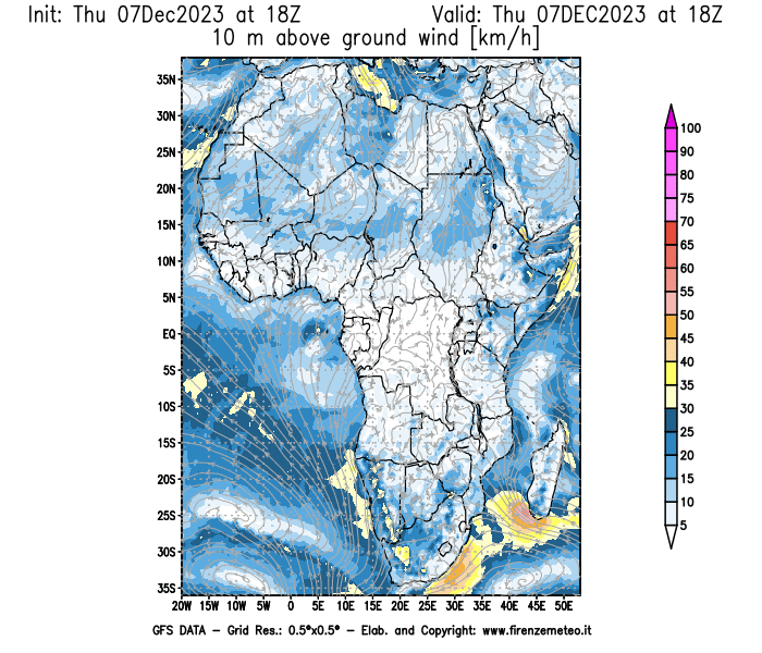 Mappa di analisi GFS - Velocità del vento a 10 metri dal suolo in Africa
							del 7 dicembre 2023 z18