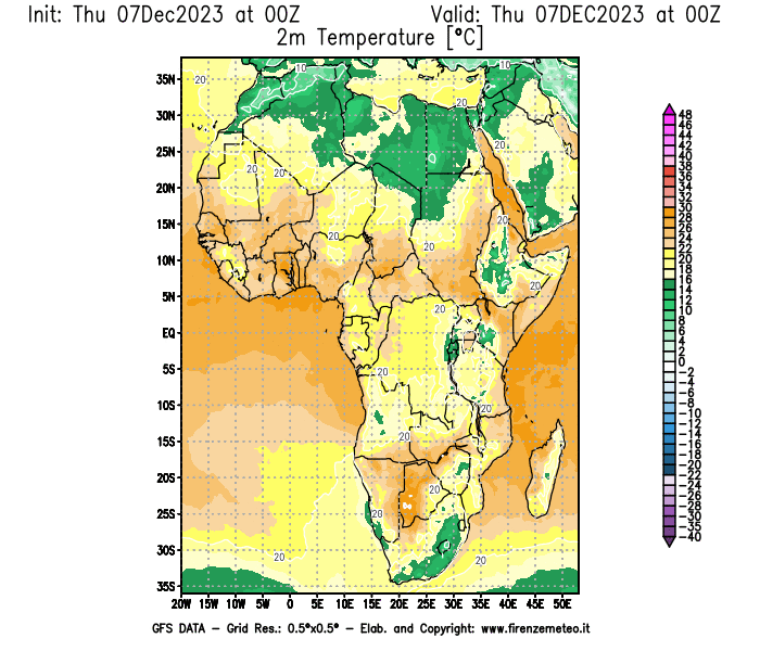 Mappa di analisi GFS - Temperatura a 2 metri dal suolo in Africa
							del 7 dicembre 2023 z00