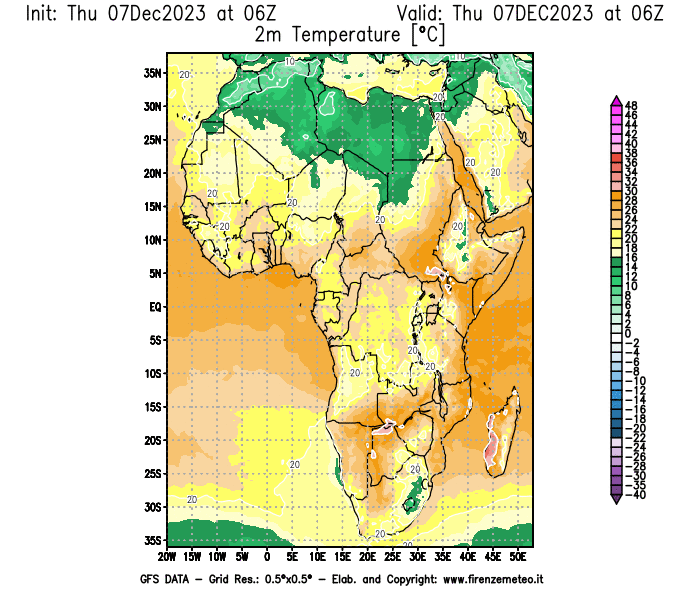 Mappa di analisi GFS - Temperatura a 2 metri dal suolo in Africa
							del 7 dicembre 2023 z06