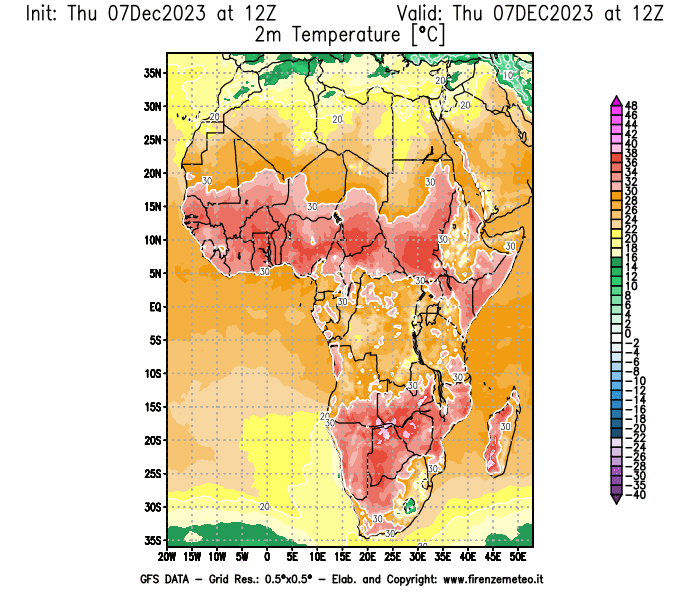 Mappa di analisi GFS - Temperatura a 2 metri dal suolo in Africa
							del 7 dicembre 2023 z12