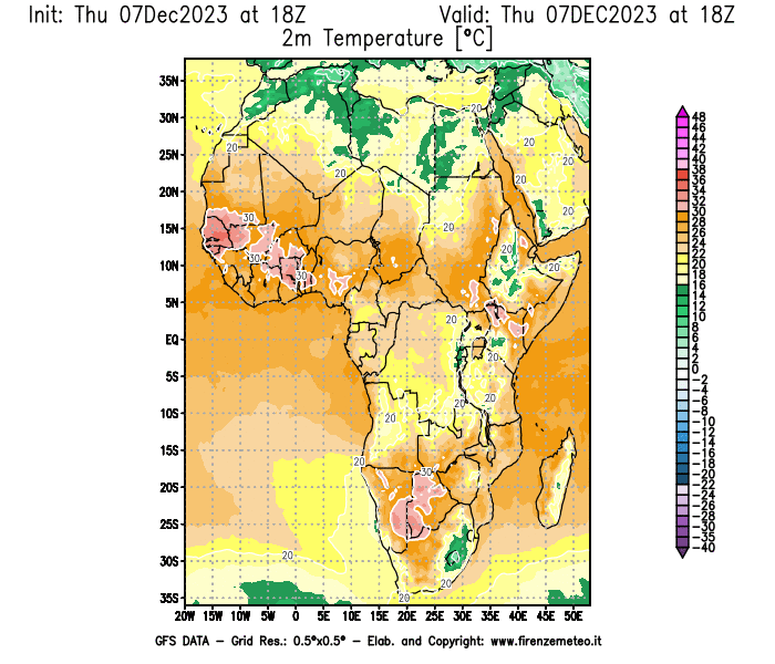 Mappa di analisi GFS - Temperatura a 2 metri dal suolo in Africa
							del 7 dicembre 2023 z18