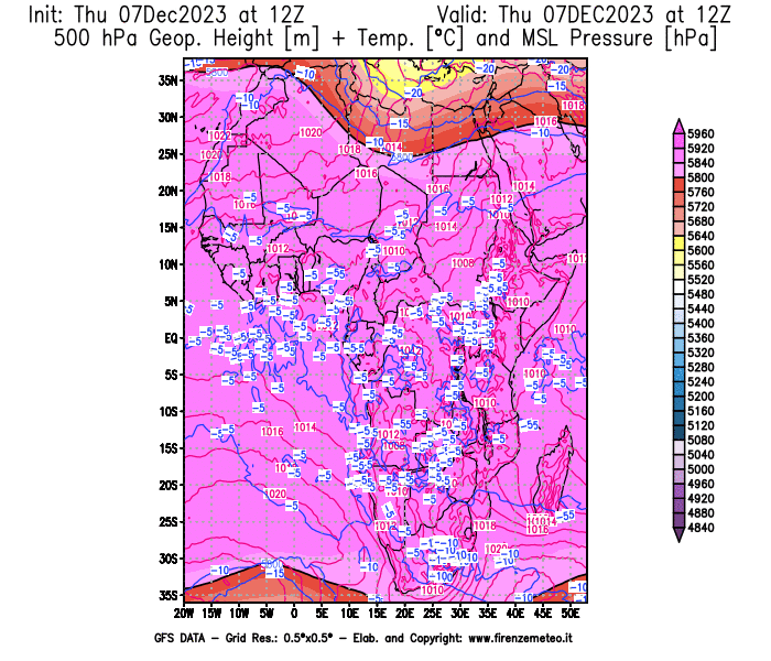 GFS analysi map - Geopotential + Temp. at 500 hPa + Sea Level Pressure in Africa
									on December 7, 2023 H12