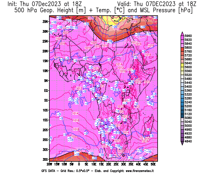 GFS analysi map - Geopotential + Temp. at 500 hPa + Sea Level Pressure in Africa
									on December 7, 2023 H18