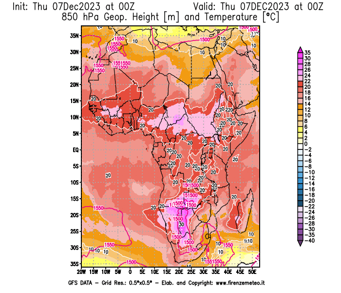 Mappa di analisi GFS - Geopotenziale e Temperatura a 850 hPa in Africa
							del 7 dicembre 2023 z00
