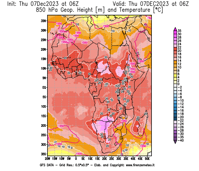 Mappa di analisi GFS - Geopotenziale e Temperatura a 850 hPa in Africa
							del 7 dicembre 2023 z06