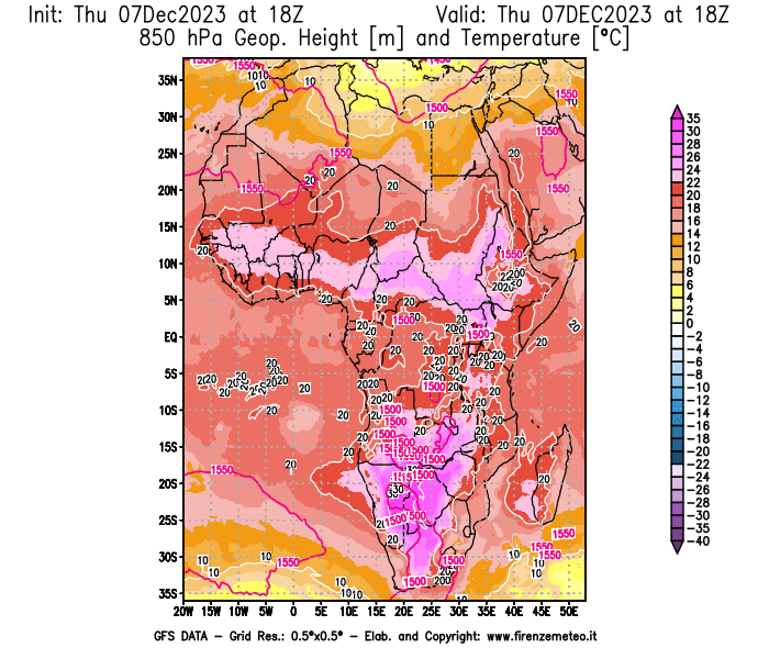 Mappa di analisi GFS - Geopotenziale e Temperatura a 850 hPa in Africa
							del 7 dicembre 2023 z18