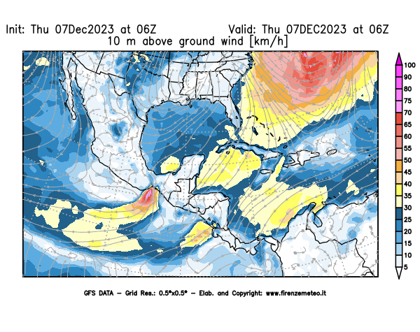 GFS analysi map - Wind Speed at 10 m above ground in Central America
									on December 7, 2023 H06