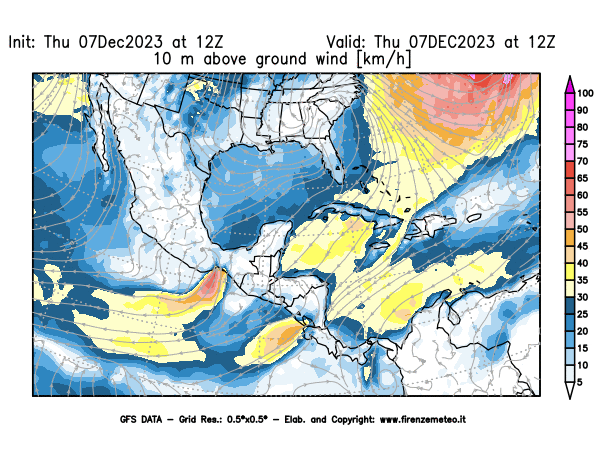 GFS analysi map - Wind Speed at 10 m above ground in Central America
									on December 7, 2023 H12