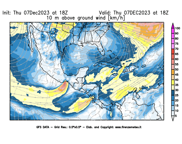GFS analysi map - Wind Speed at 10 m above ground in Central America
									on December 7, 2023 H18