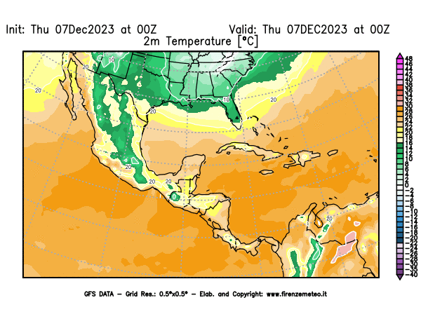 GFS analysi map - Temperature at 2 m above ground in Central America
									on December 7, 2023 H00