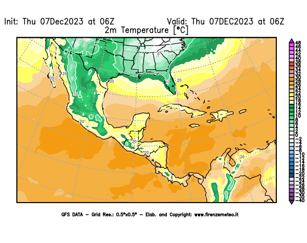 Mappa di analisi GFS - Temperatura a 2 metri dal suolo in Centro-America
							del 7 dicembre 2023 z06