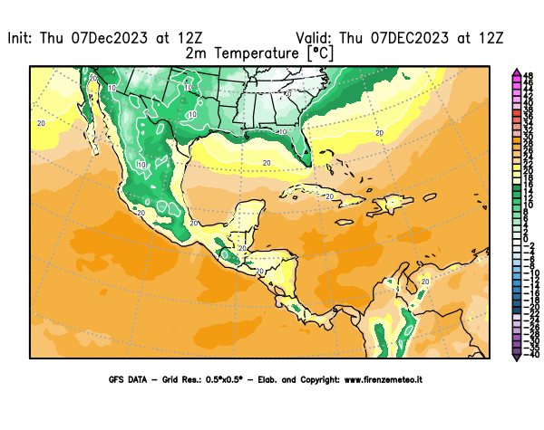 GFS analysi map - Temperature at 2 m above ground in Central America
									on December 7, 2023 H12