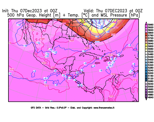 GFS analysi map - Geopotential + Temp. at 500 hPa + Sea Level Pressure in Central America
									on December 7, 2023 H00