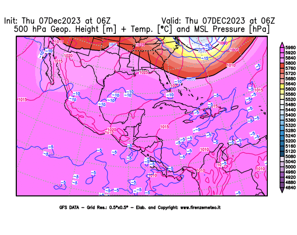 GFS analysi map - Geopotential + Temp. at 500 hPa + Sea Level Pressure in Central America
									on December 7, 2023 H06