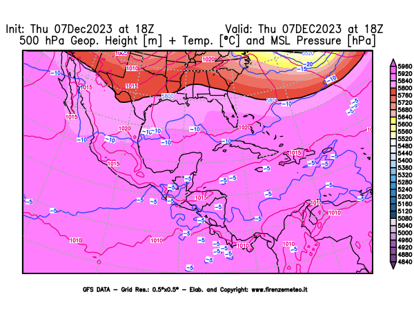 GFS analysi map - Geopotential + Temp. at 500 hPa + Sea Level Pressure in Central America
									on December 7, 2023 H18
