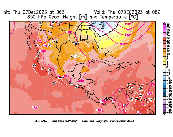 GFS analysi map - Geopotential and Temperature at 850 hPa in Central America
									on December 7, 2023 H06