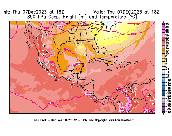 GFS analysi map - Geopotential and Temperature at 850 hPa in Central America
									on December 7, 2023 H18
