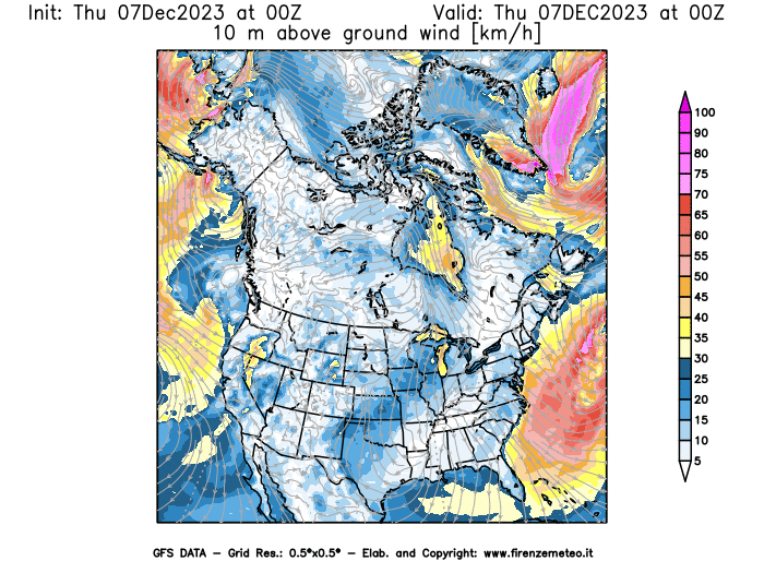 Mappa di analisi GFS - Velocità del vento a 10 metri dal suolo in Nord-America
							del 7 dicembre 2023 z00