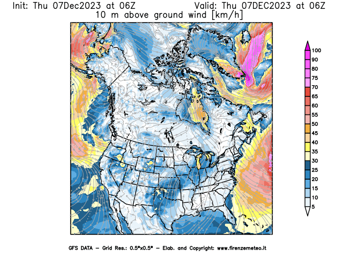 Mappa di analisi GFS - Velocità del vento a 10 metri dal suolo in Nord-America
							del 7 dicembre 2023 z06