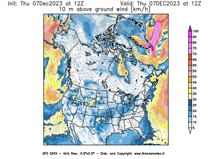 Mappa di analisi GFS - Velocità del vento a 10 metri dal suolo in Nord-America
							del 7 dicembre 2023 z12