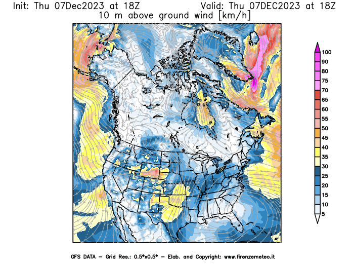 Mappa di analisi GFS - Velocità del vento a 10 metri dal suolo in Nord-America
							del 7 dicembre 2023 z18