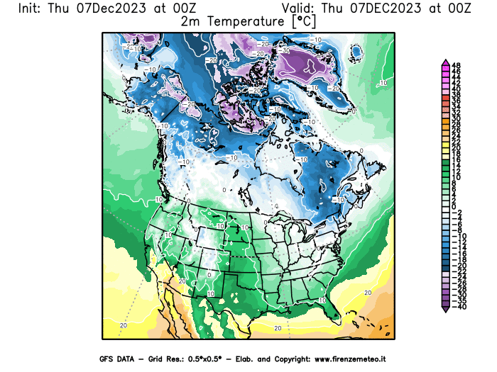 GFS analysi map - Temperature at 2 m above ground in North America
									on December 7, 2023 H00