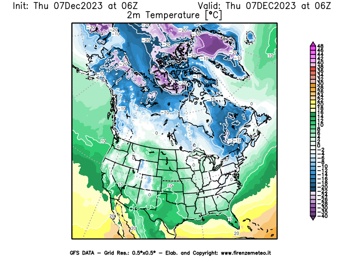 GFS analysi map - Temperature at 2 m above ground in North America
									on December 7, 2023 H06