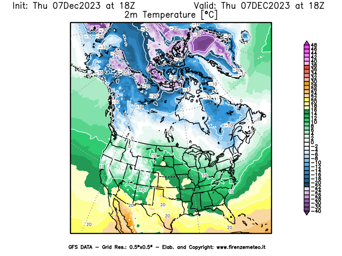 Mappa di analisi GFS - Temperatura a 2 metri dal suolo in Nord-America
							del 7 dicembre 2023 z18