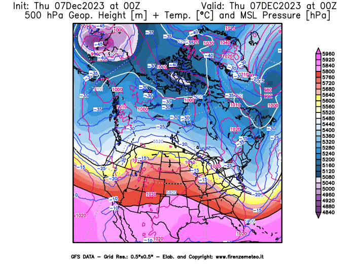 GFS analysi map - Geopotential + Temp. at 500 hPa + Sea Level Pressure in North America
									on December 7, 2023 H00