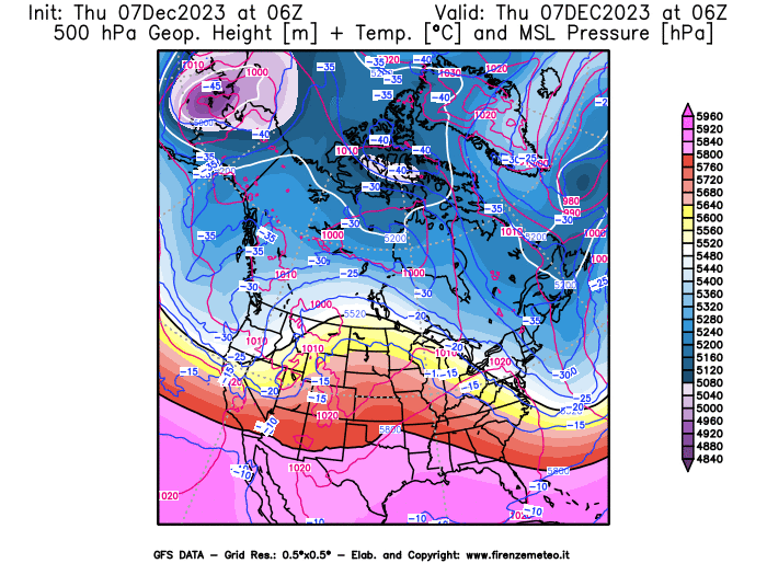 GFS analysi map - Geopotential + Temp. at 500 hPa + Sea Level Pressure in North America
									on December 7, 2023 H06