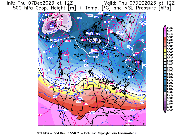 GFS analysi map - Geopotential + Temp. at 500 hPa + Sea Level Pressure in North America
									on December 7, 2023 H12
