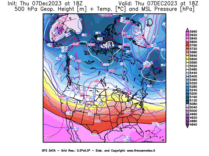 GFS analysi map - Geopotential + Temp. at 500 hPa + Sea Level Pressure in North America
									on December 7, 2023 H18