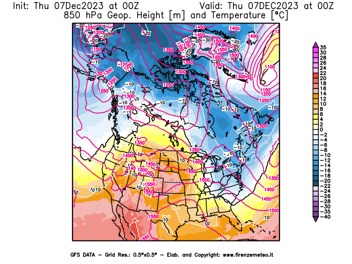 GFS analysi map - Geopotential and Temperature at 850 hPa in North America
									on December 7, 2023 H00