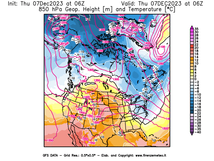 GFS analysi map - Geopotential and Temperature at 850 hPa in North America
									on December 7, 2023 H06