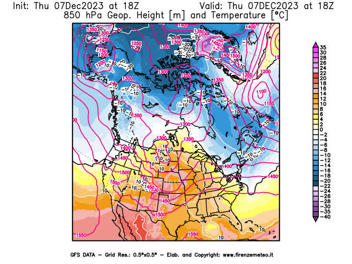 GFS analysi map - Geopotential and Temperature at 850 hPa in North America
									on December 7, 2023 H18