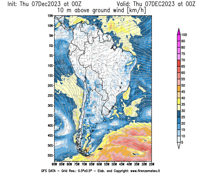 Mappa di analisi GFS - Velocità del vento a 10 metri dal suolo in Sud-America
							del 7 dicembre 2023 z00