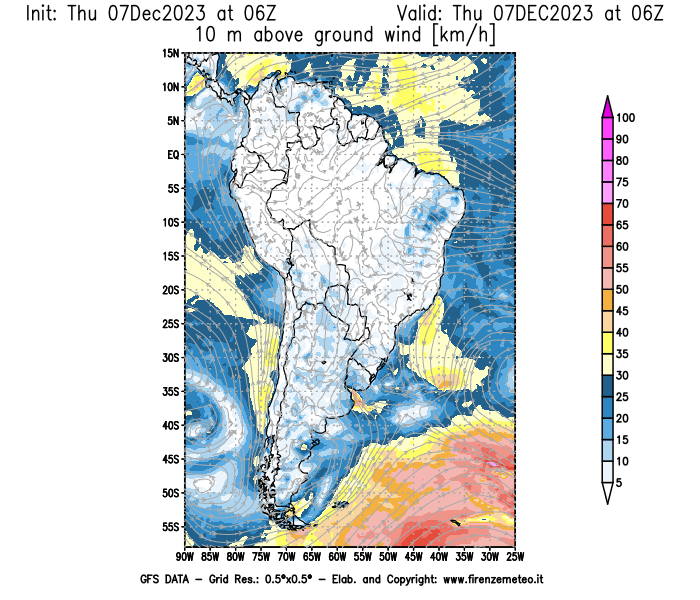 Mappa di analisi GFS - Velocità del vento a 10 metri dal suolo in Sud-America
							del 7 dicembre 2023 z06