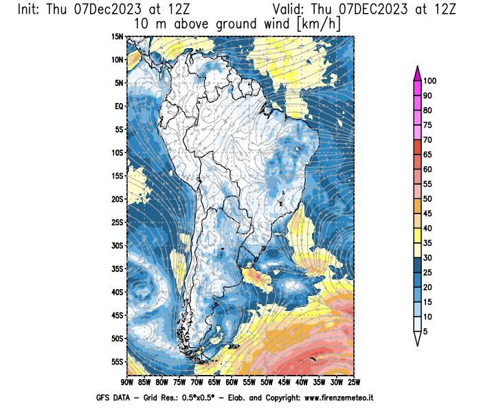 Mappa di analisi GFS - Velocità del vento a 10 metri dal suolo in Sud-America
							del 7 dicembre 2023 z12
