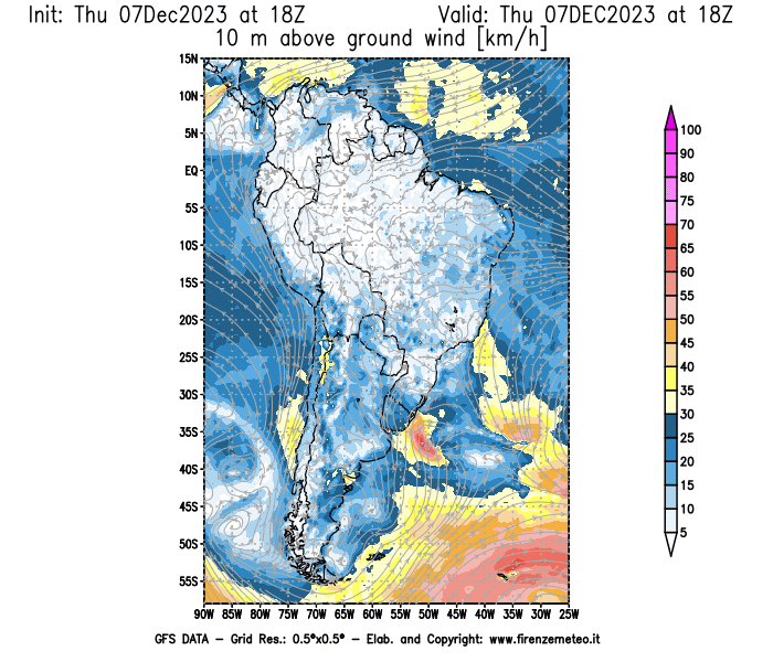 Mappa di analisi GFS - Velocità del vento a 10 metri dal suolo in Sud-America
							del 7 dicembre 2023 z18