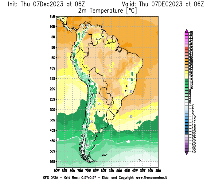 Mappa di analisi GFS - Temperatura a 2 metri dal suolo in Sud-America
							del 7 dicembre 2023 z06